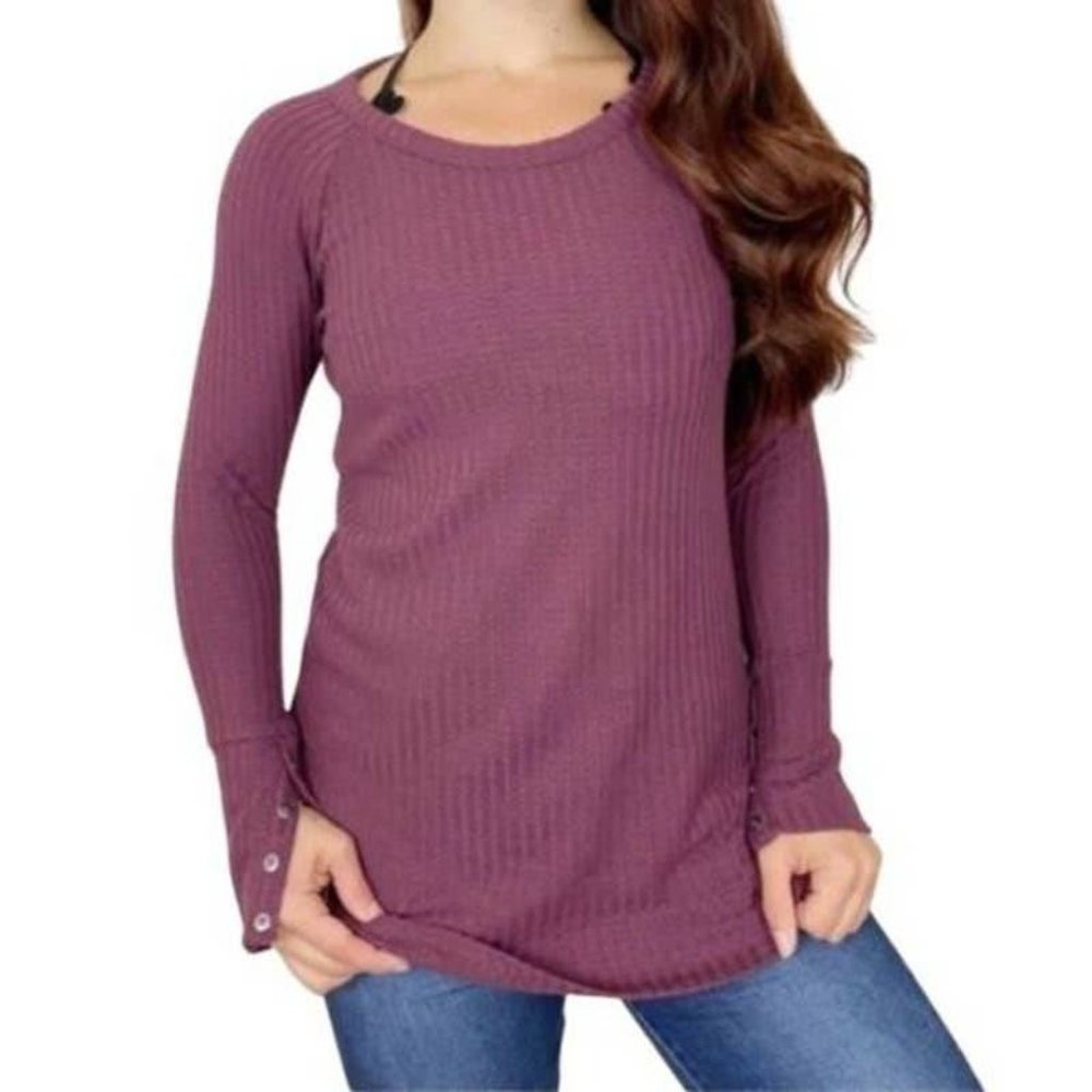 Chaser Purple Scoop Neck Waffle Knit Pullover Thermal Sweater Women's Plus Small